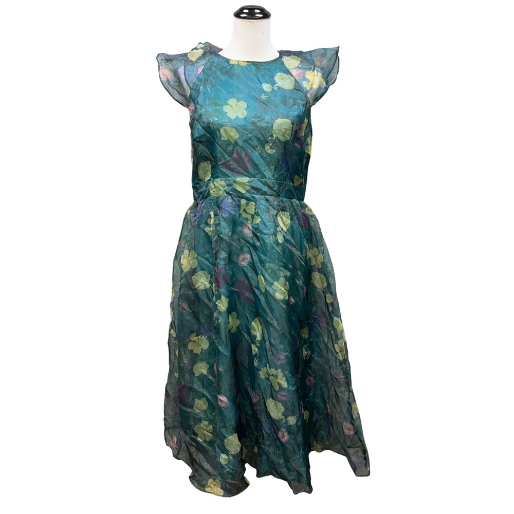 JJ's House Floral Organza Midi Dress Women XL Green NWT Ruffle Back Ethereal